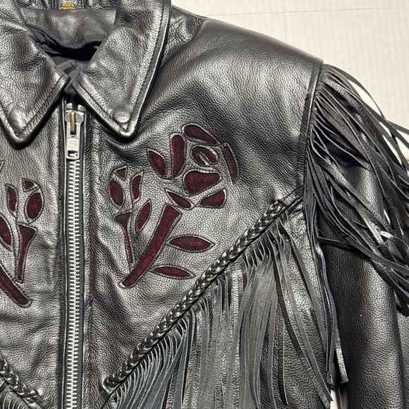 Rose Suede Inlay Black Leather Fringe Braided Moto Biker Jacket High Quality M/L - Picture 2 of 16